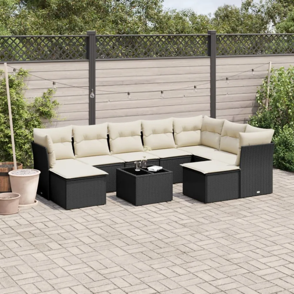 10-delige Loungeset met kussens poly rattan zwart vidaXL