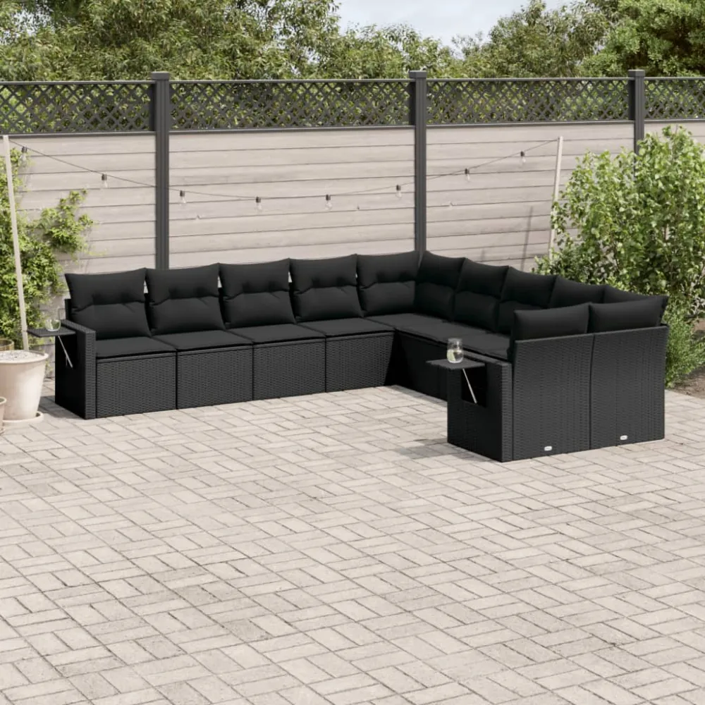 10-delige Loungeset met kussens poly rattan zwart vidaXL