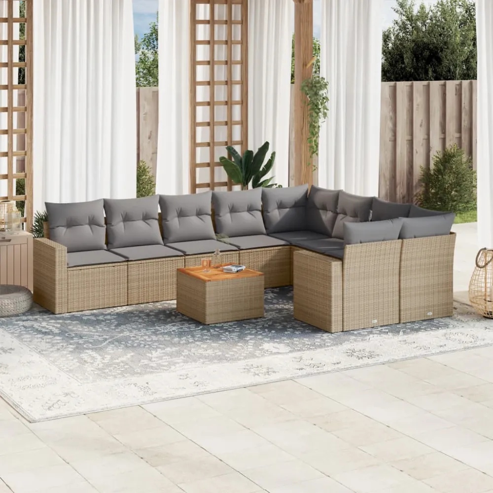 10-delige Loungeset met kussens poly rattan beige vidaXL