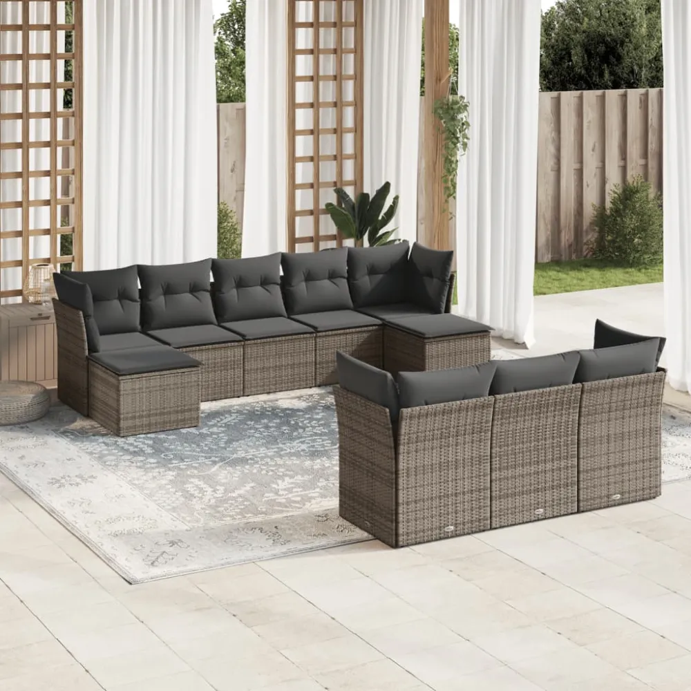10-delige Loungeset met kussens poly rattan grijs vidaXL