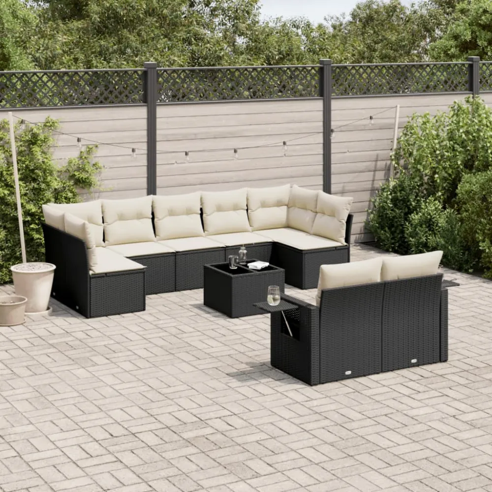 10-delige Loungeset met kussens poly rattan zwart vidaXL