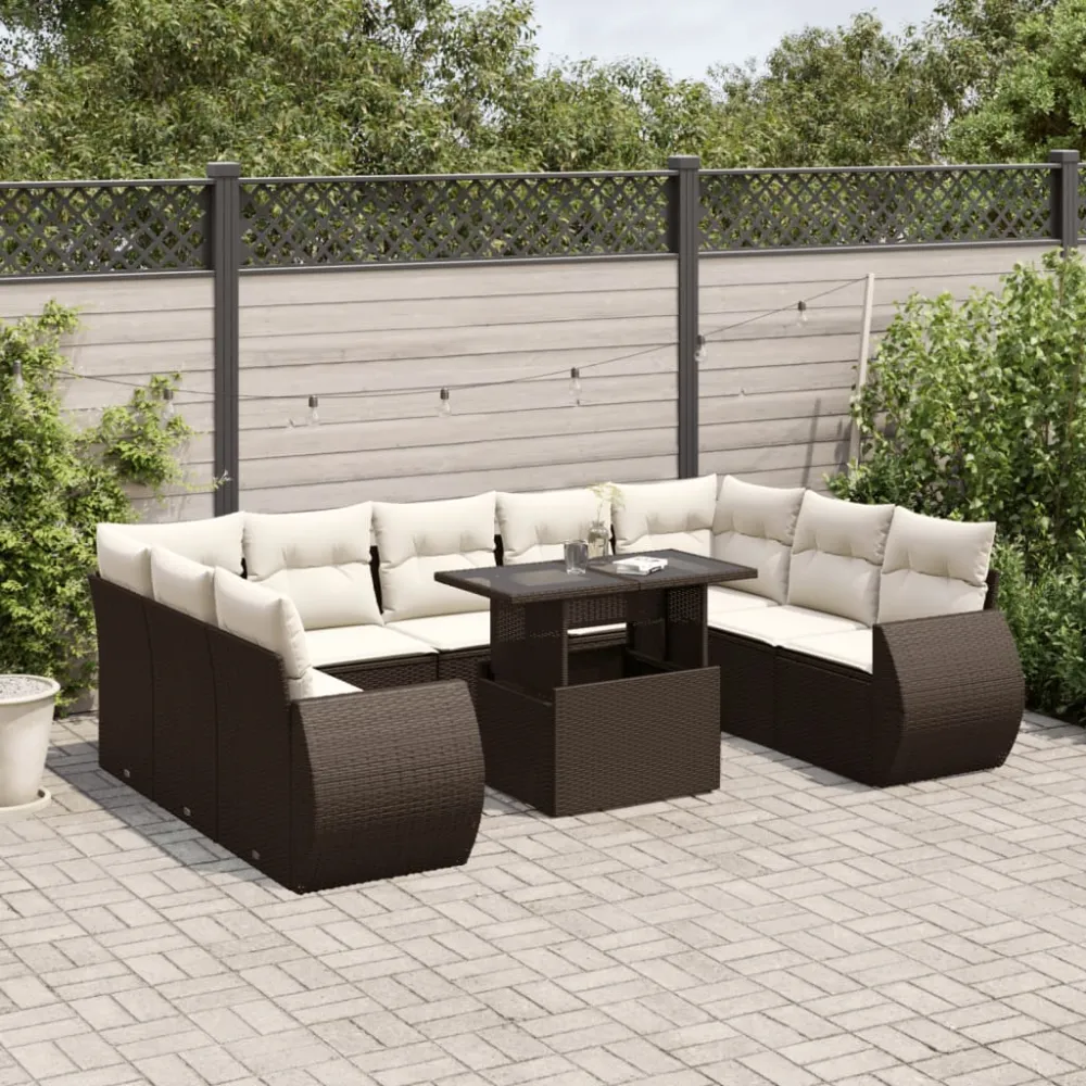 10-delige Loungeset met kussens poly rattan bruin vidaXL