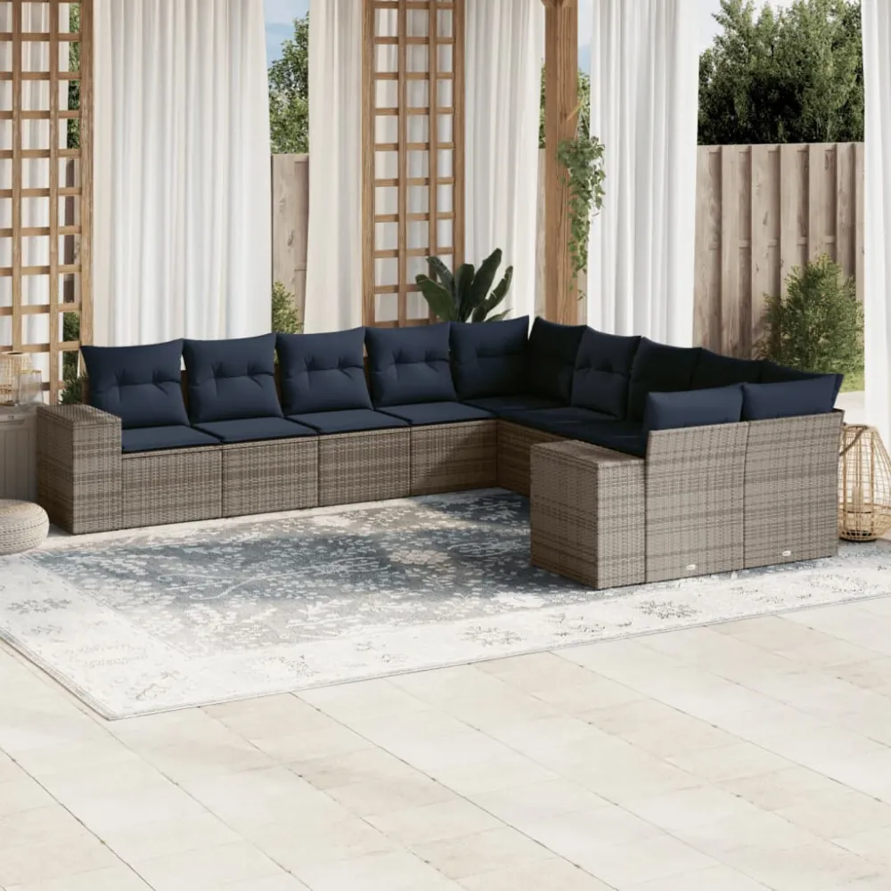 10-delige Loungeset met kussens poly rattan lichtgrijs vidaXL