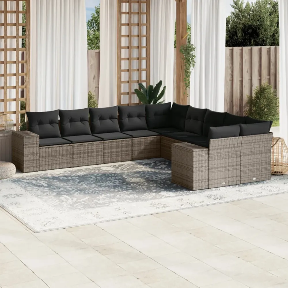 10-delige Loungeset met kussens poly rattan grijs vidaXL