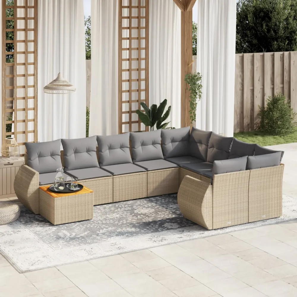 10-delige Loungeset met kussens poly rattan beige vidaXL