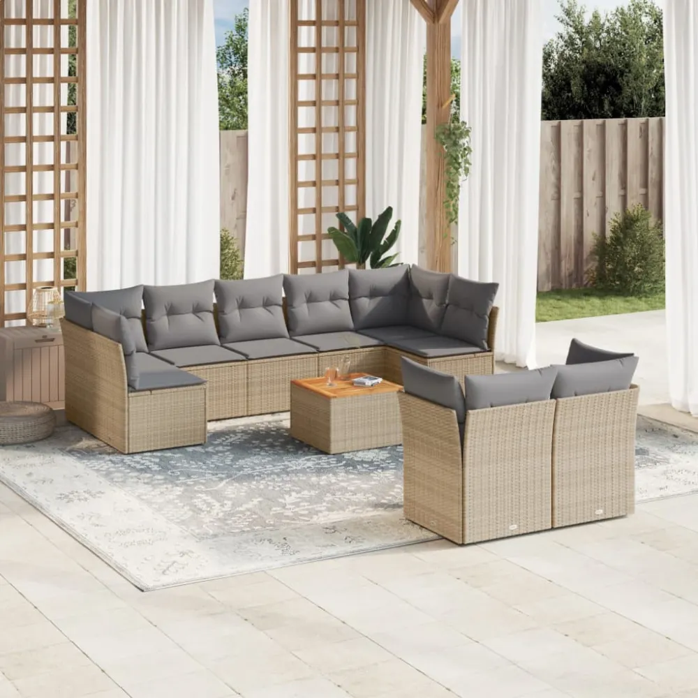 10-delige Loungeset met kussens poly rattan beige vidaXL