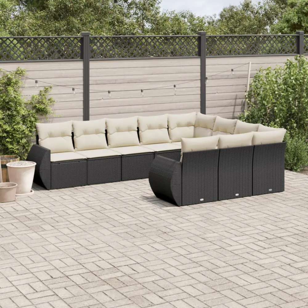 10-delige Loungeset met kussens poly rattan zwart vidaXL