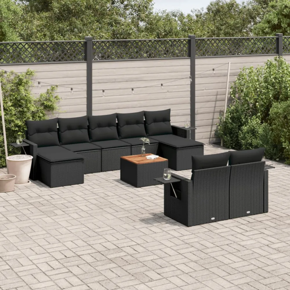 10-delige Loungeset met kussens poly rattan zwart vidaXL