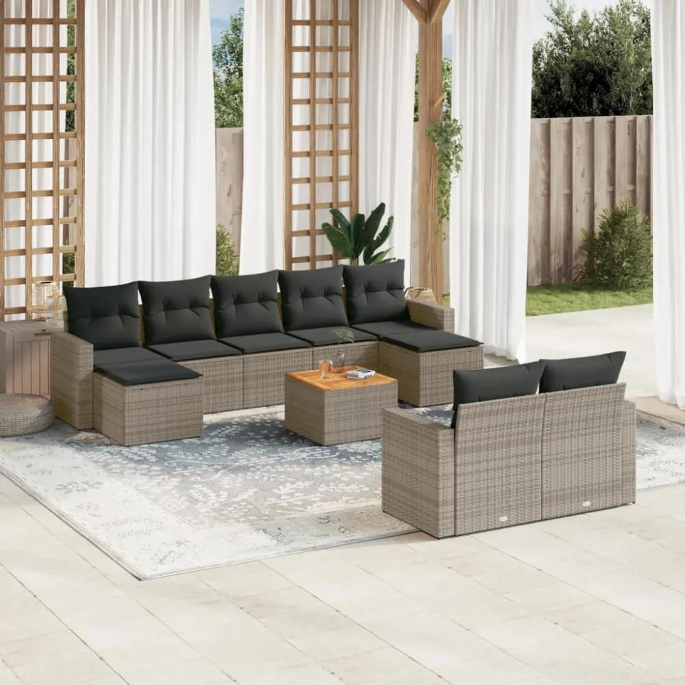 10-delige Loungeset met kussens poly rattan grijs vidaXL