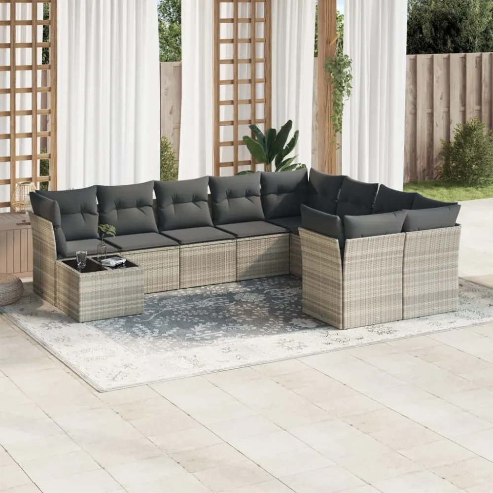10-delige Loungeset met kussens poly rattan lichtgrijs vidaXL