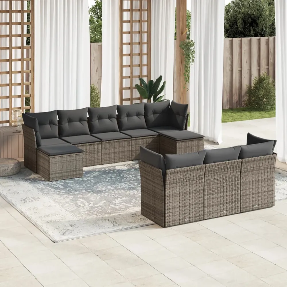 10-delige Loungeset met kussens poly rattan grijs vidaXL