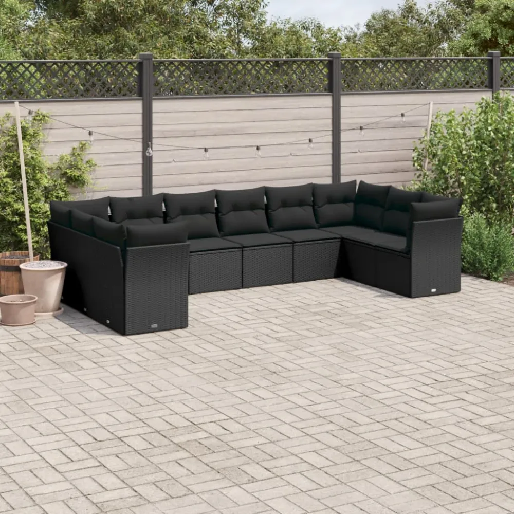 10-delige Loungeset met kussens poly rattan zwart vidaXL