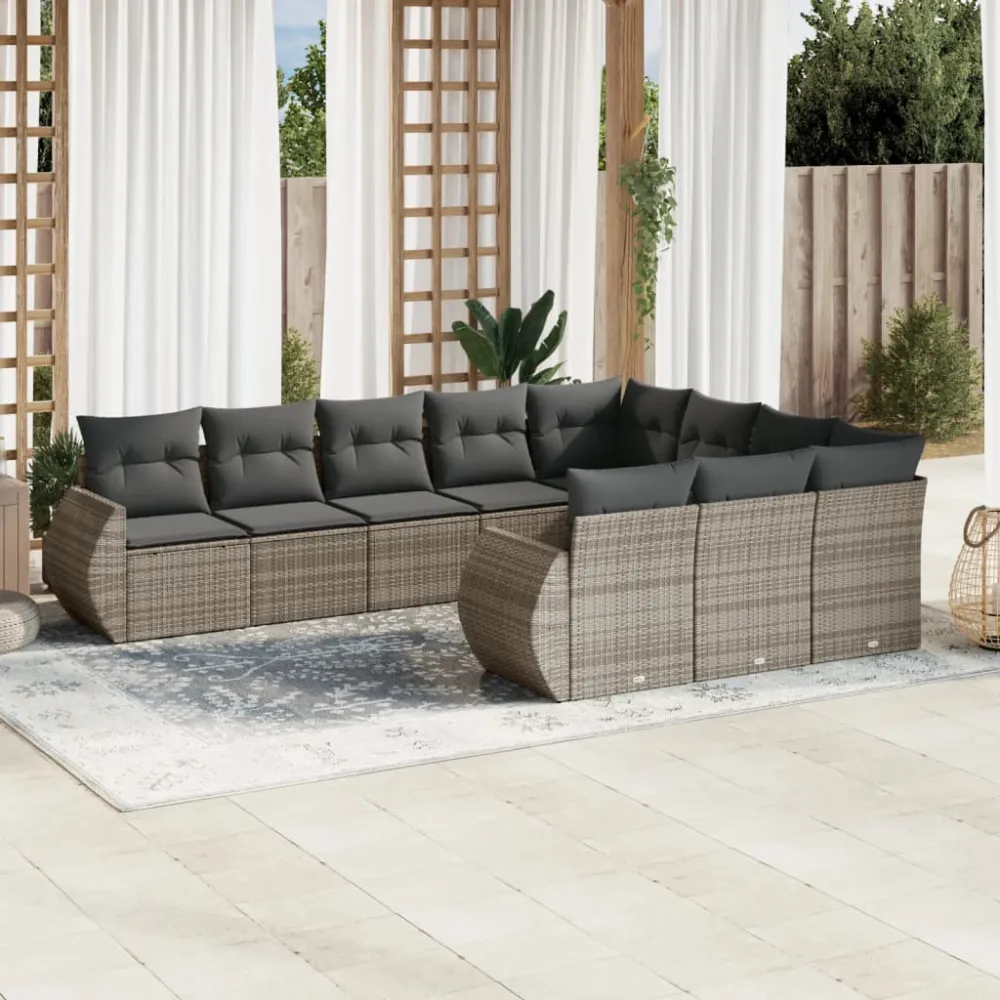 10-delige Loungeset met kussens poly rattan grijs vidaXL
