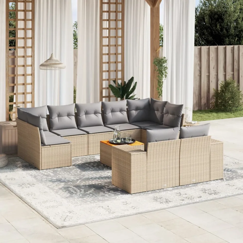 10-delige Loungeset met kussens poly rattan beige vidaXL