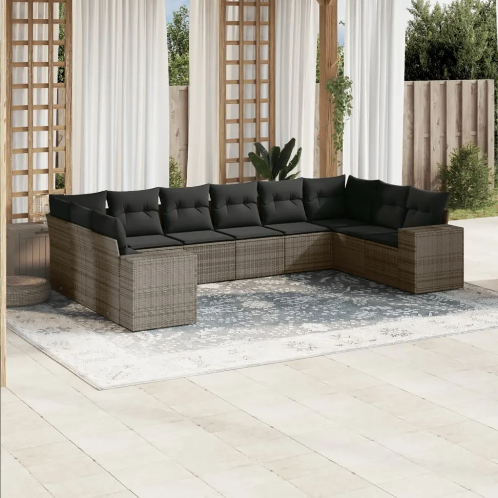 10-delige Loungeset met kussens poly rattan grijs vidaXL