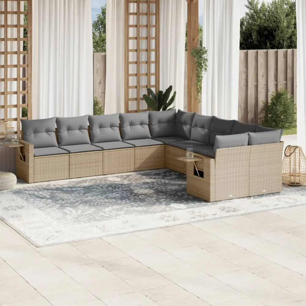 10-delige Loungeset met kussens poly rattan beige vidaXL