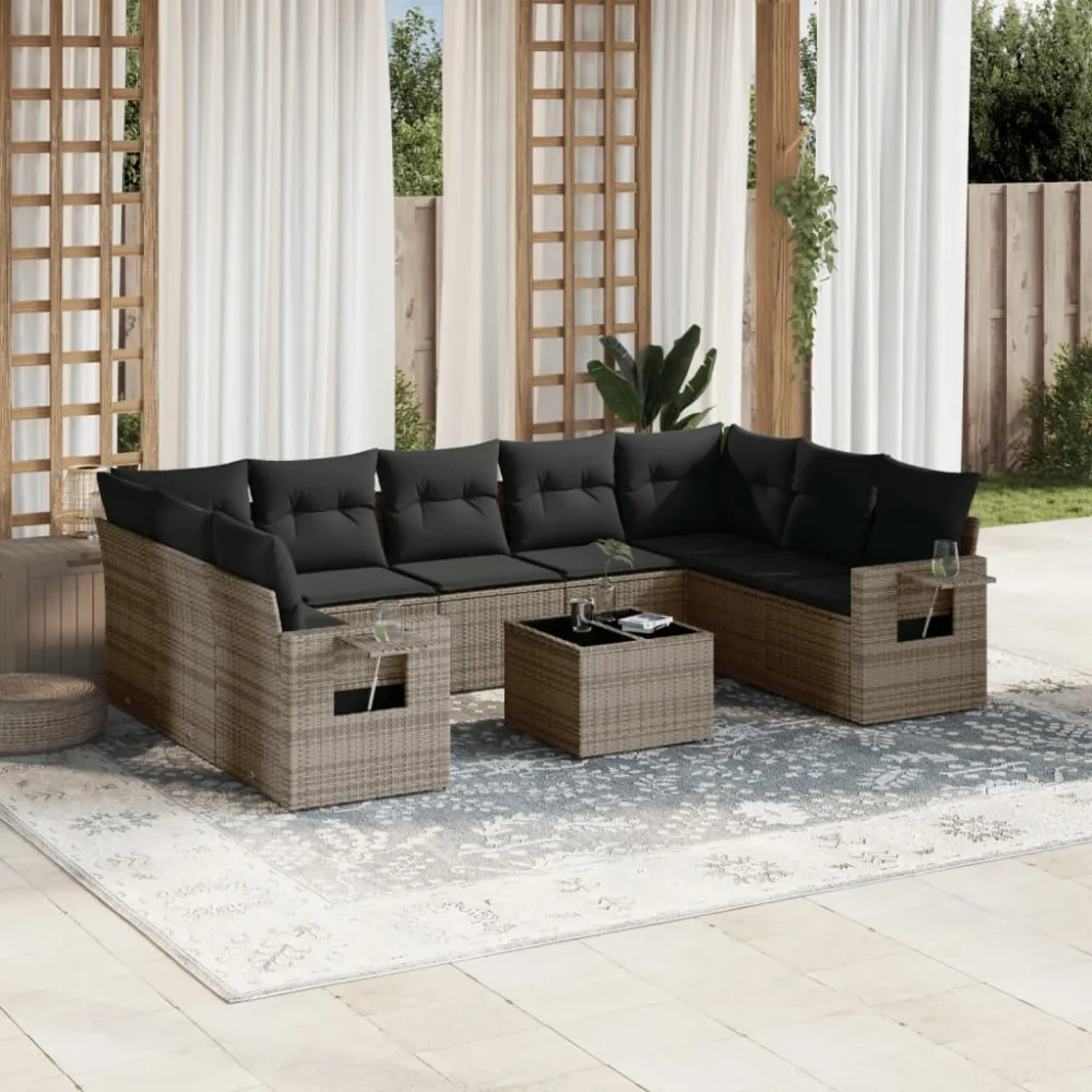 10-delige Loungeset met kussens poly rattan grijs vidaXL