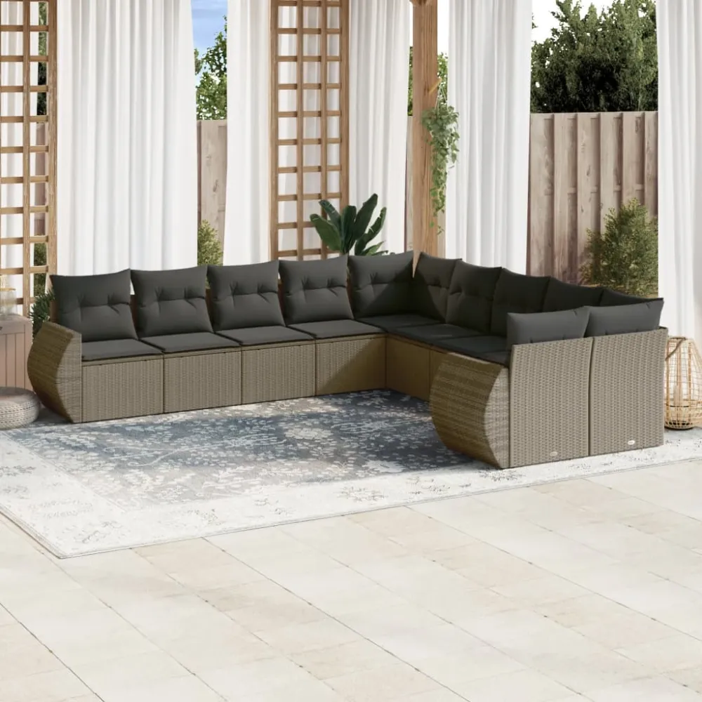 10-delige Loungeset met kussens poly rattan lichtgrijs vidaXL