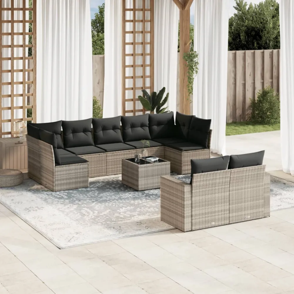 10-delige Loungeset met kussens poly rattan lichtgrijs vidaXL