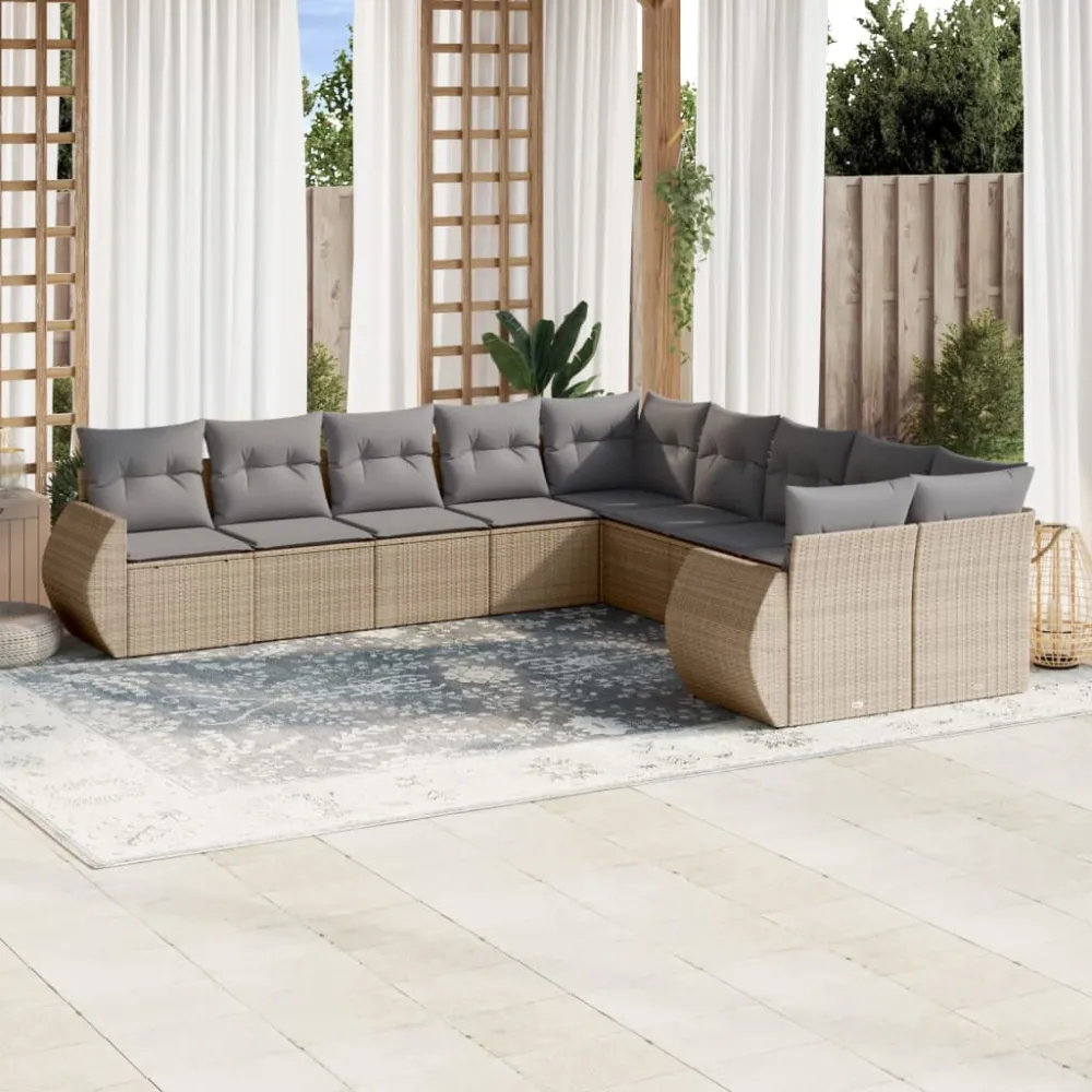 10-delige Loungeset met kussens poly rattan beige vidaXL