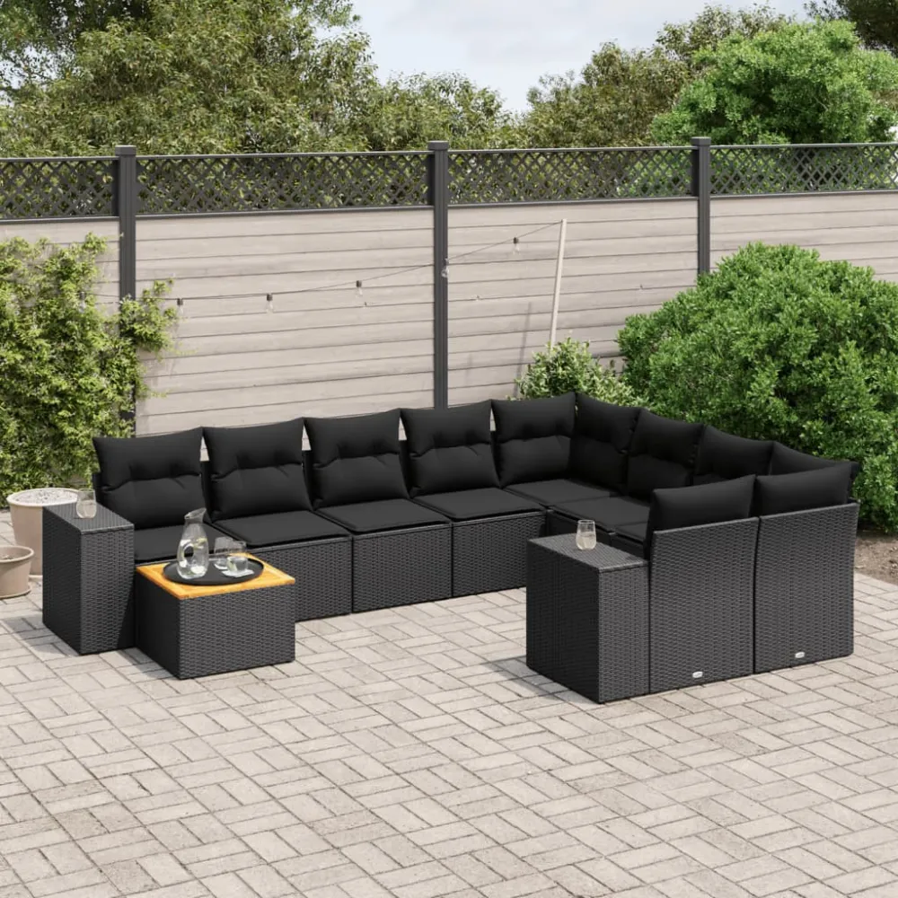 10-delige Loungeset met kussens poly rattan zwart vidaXL
