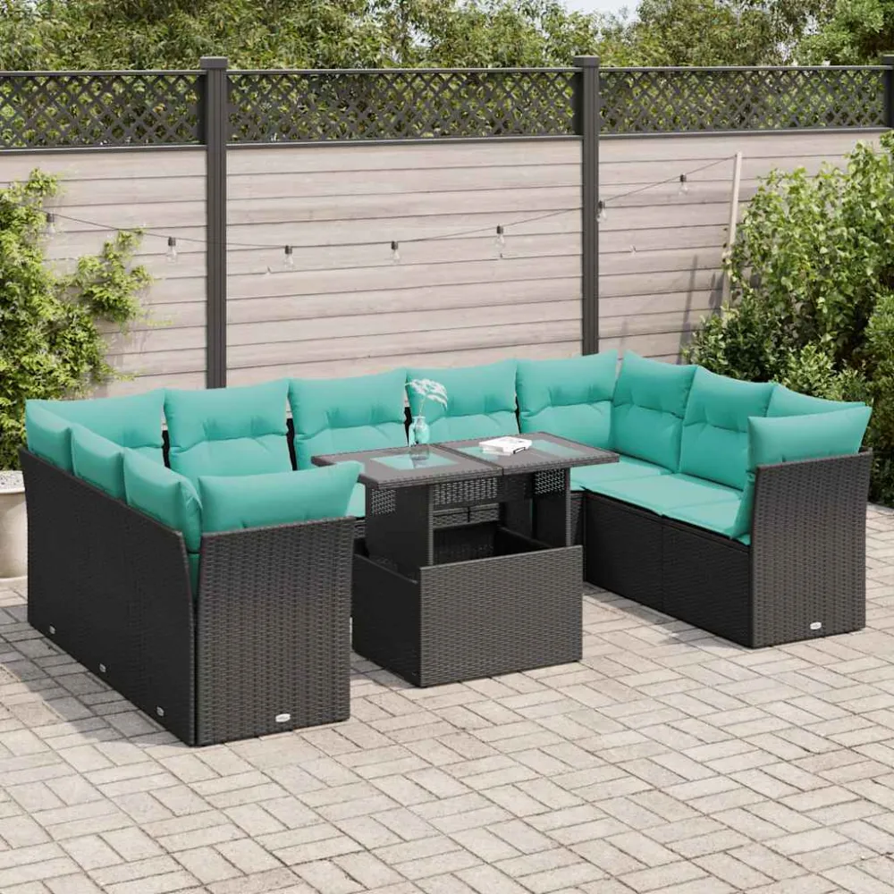 10-delige Loungeset met kussens poly rattan acacia zwart vidaXL