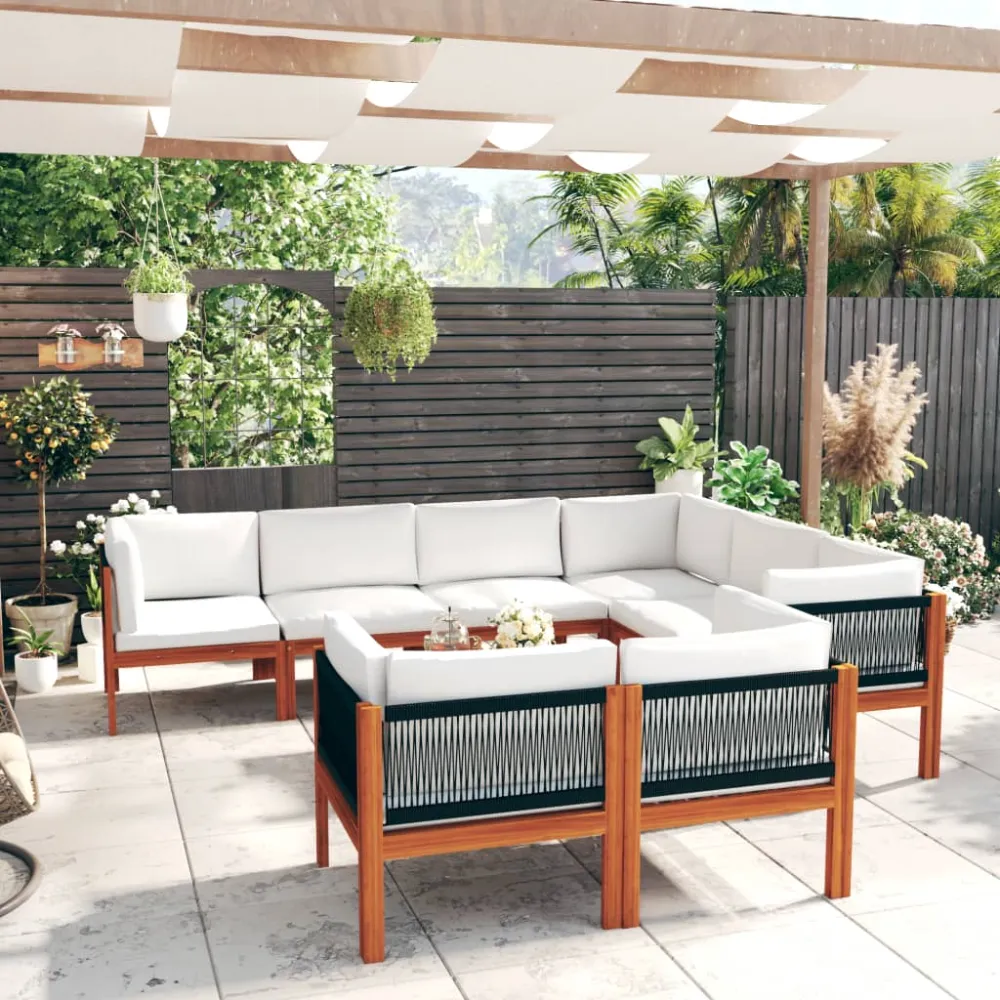 10-delige tuinloungeset met kussens crèmekleurig acaciahout en touw vidaXL