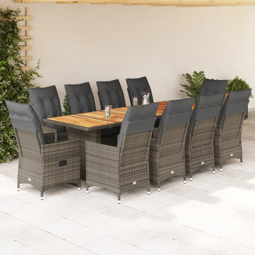 11-delige Bistroset met kussens poly rattan grijs vidaXL