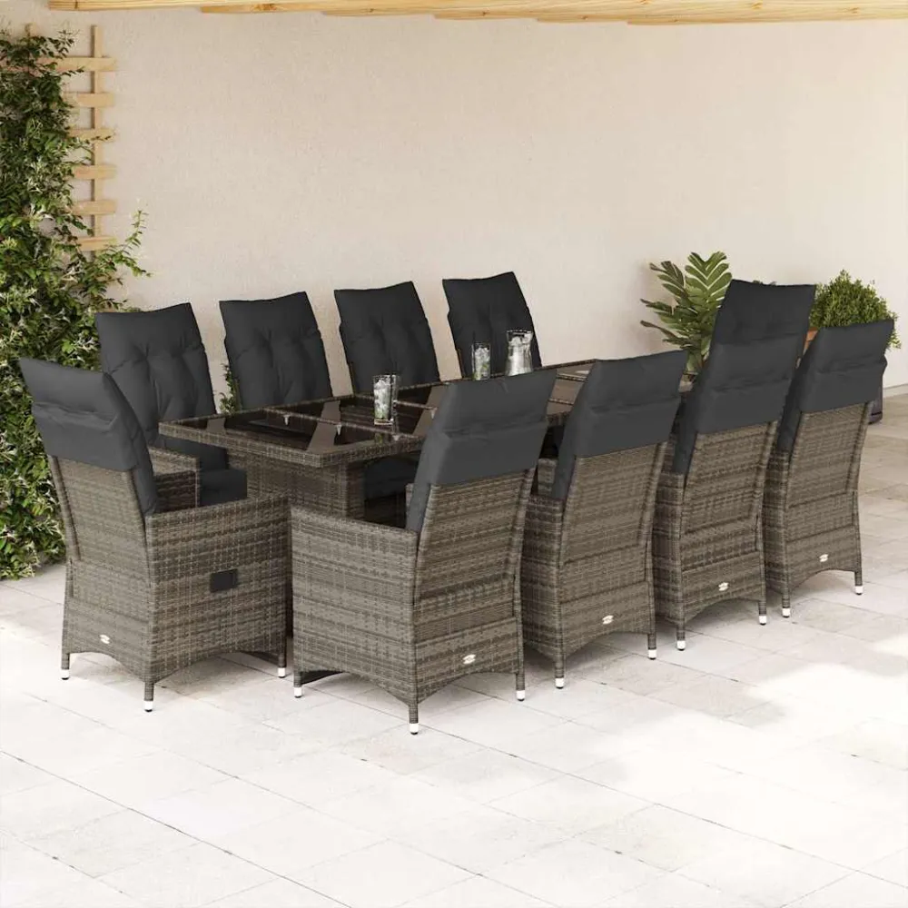 11-delige Bistroset met kussens poly rattan grijs vidaXL