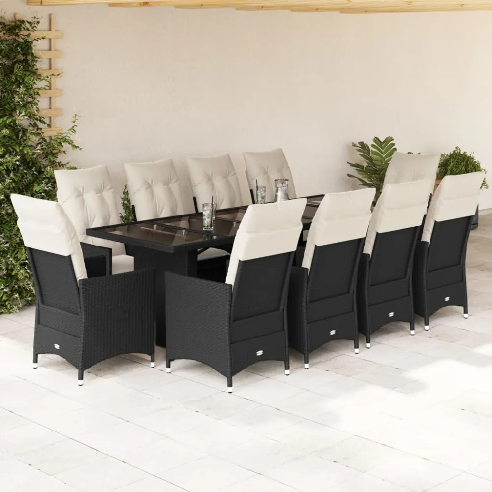 11-delige Bistroset met kussens poly rattan zwart vidaXL