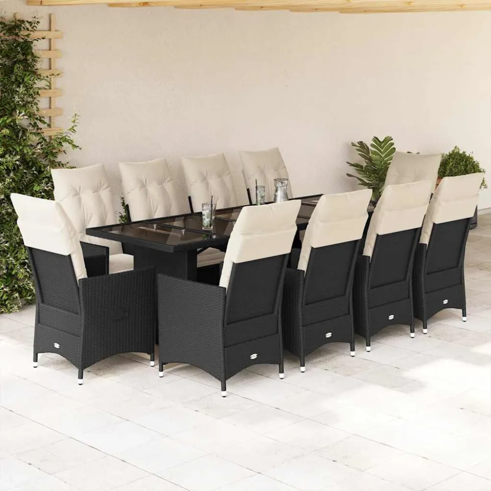 11-delige Bistroset met kussens poly rattan zwart vidaXL