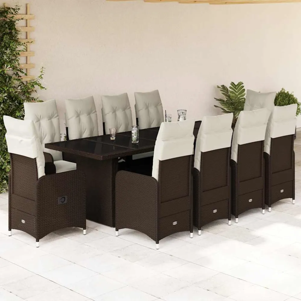 11-delige Bistroset met kussens poly rattan bruin vidaXL