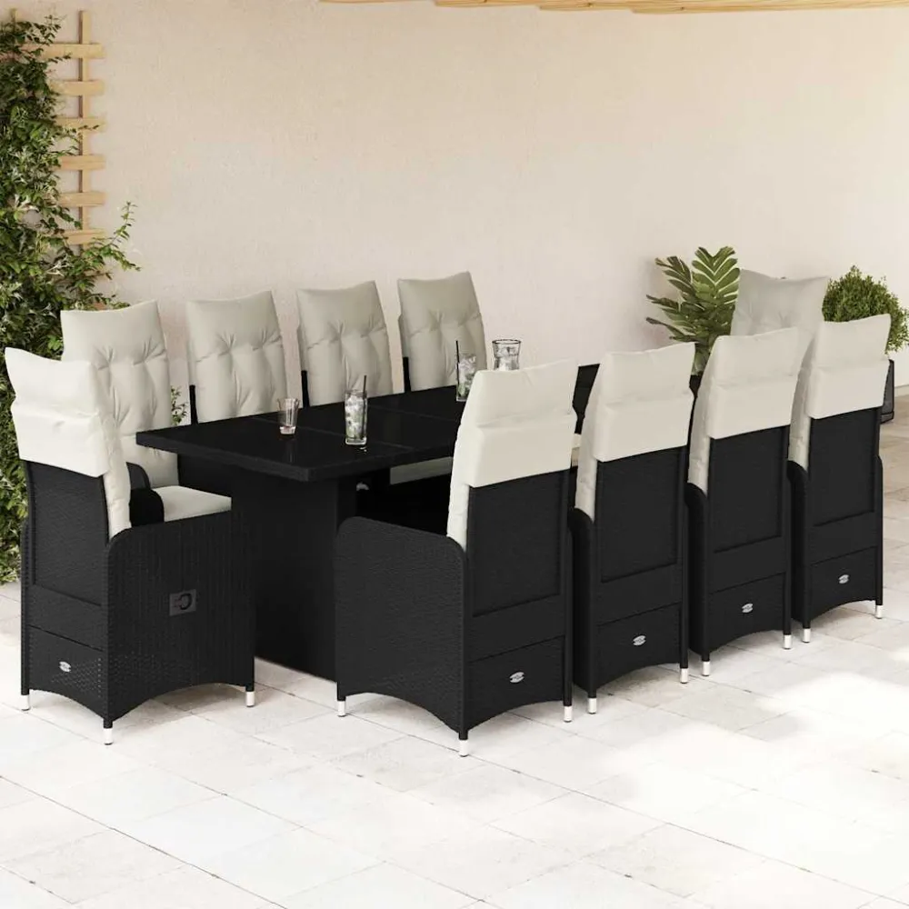 11-delige Bistroset met kussens poly rattan zwart vidaXL