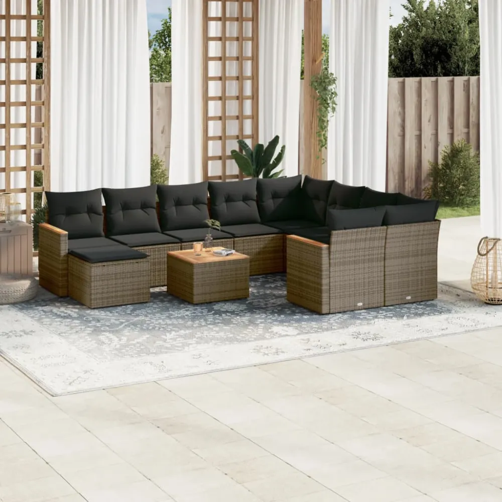 11-delige Loungeset met kussens poly rattan grijs vidaXL