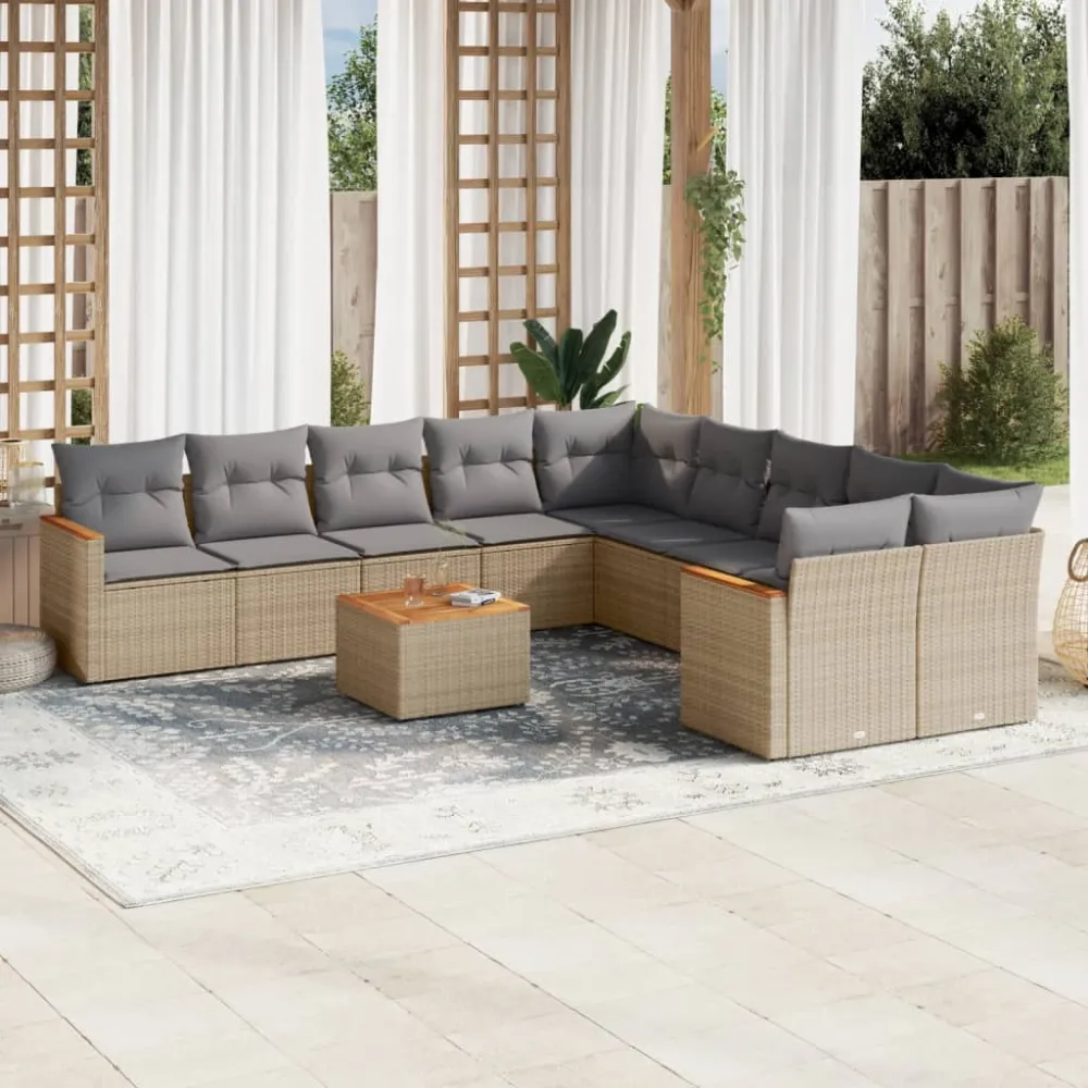11-delige Loungeset met kussens poly rattan gemengd beige vidaXL