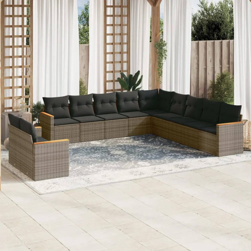 11-delige Loungeset met kussens poly rattan grijs vidaXL