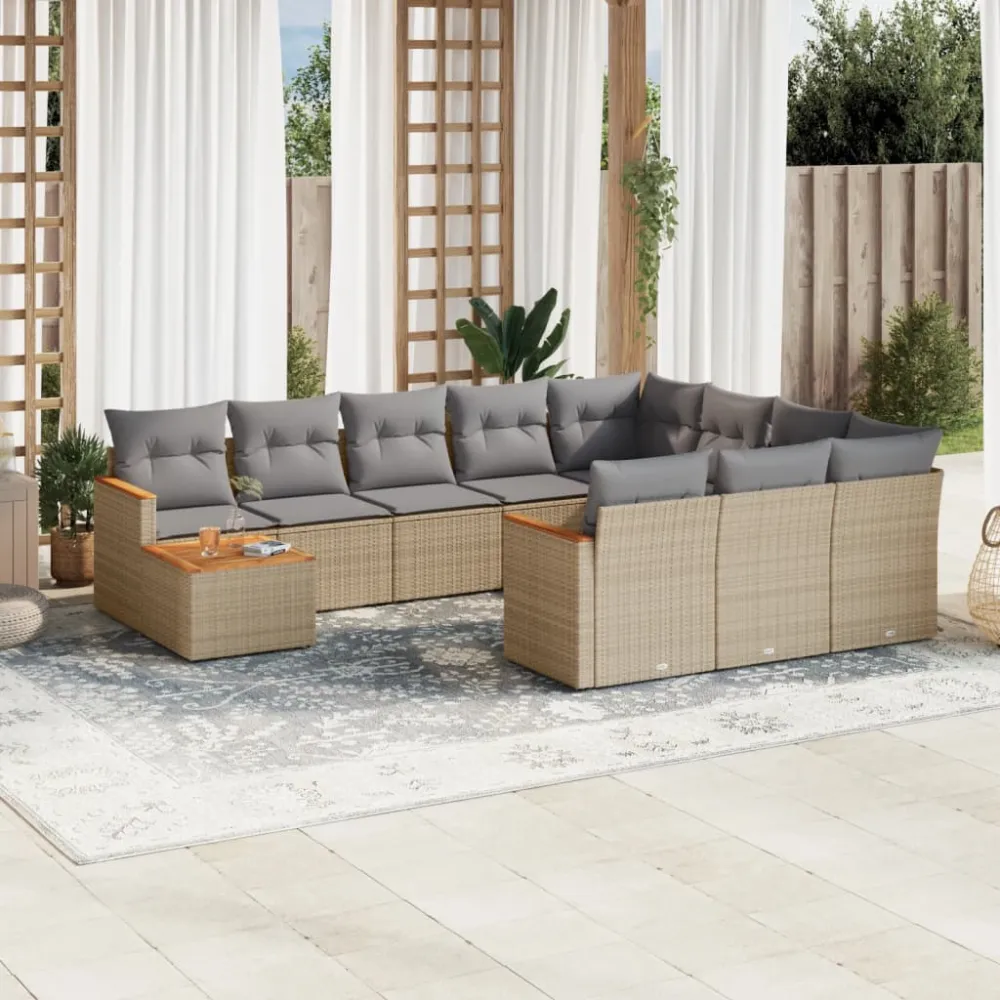 11-delige Loungeset met kussens poly rattan gemengd beige vidaXL
