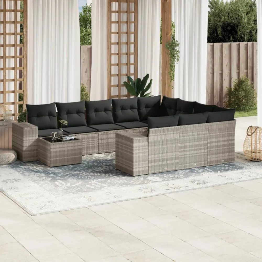 11-delige Loungeset met kussens poly rattan lichtgrijs vidaXL