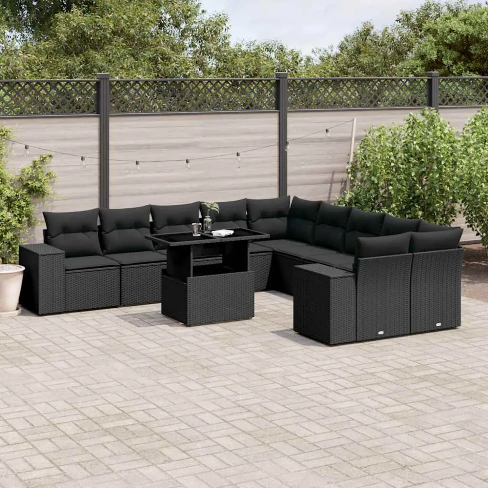 11-delige Loungeset met kussens poly rattan zwart vidaXL