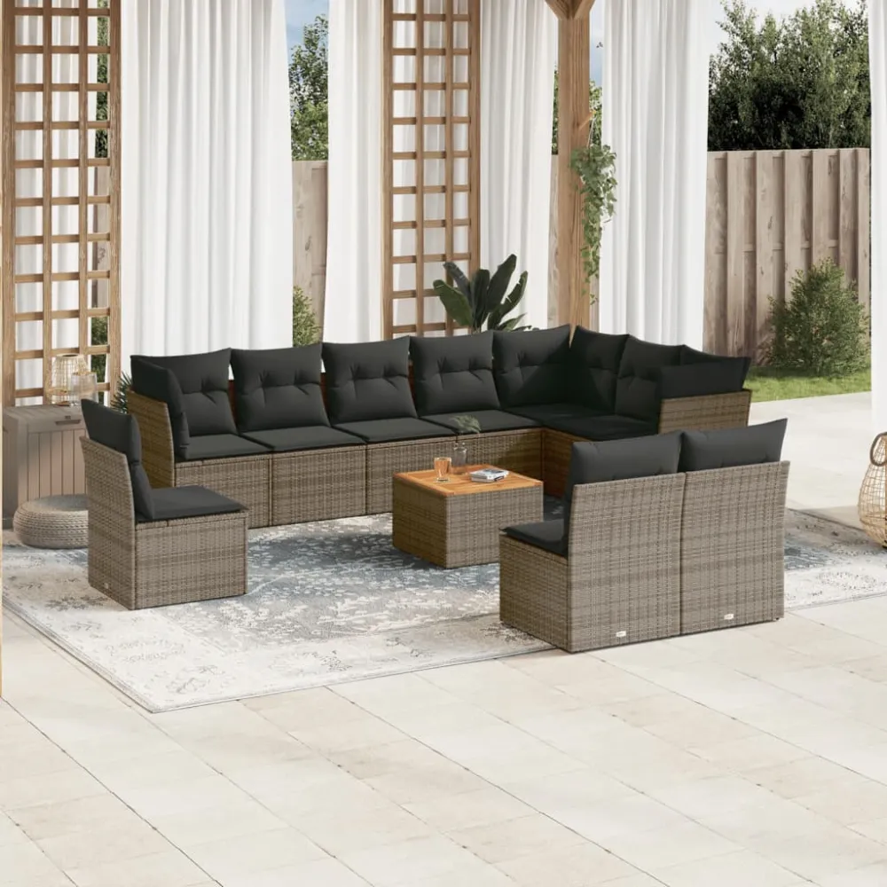 11-delige Loungeset met kussens poly rattan grijs vidaXL