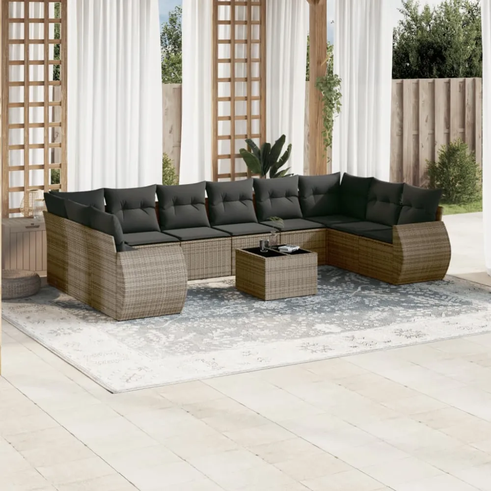 11-delige Loungeset met kussens poly rattan grijs vidaXL
