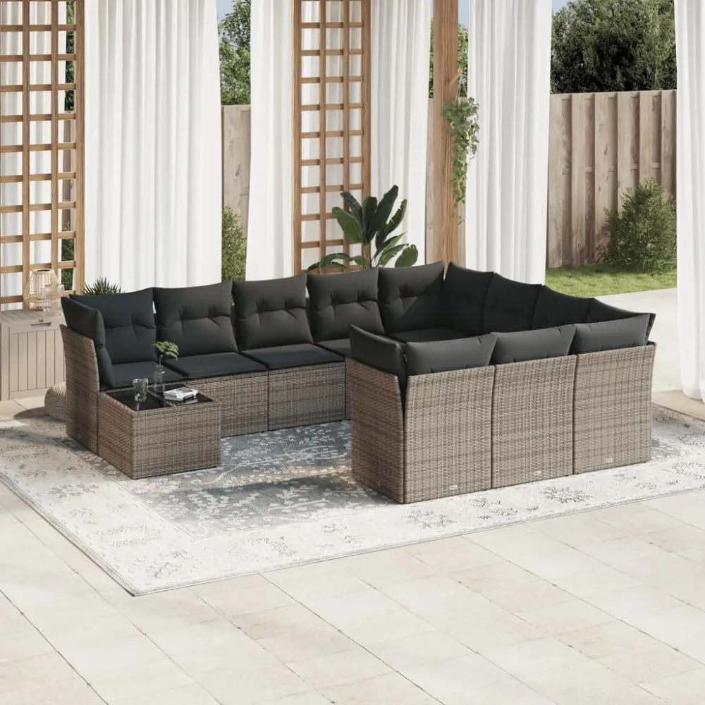 11-delige Loungeset met kussens poly rattan grijs vidaXL