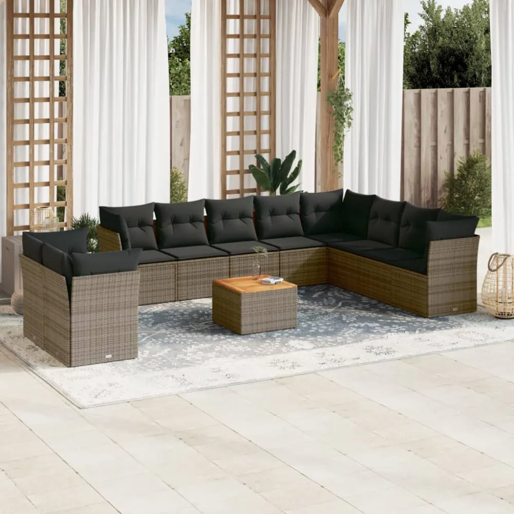 11-delige Loungeset met kussens poly rattan grijs vidaXL