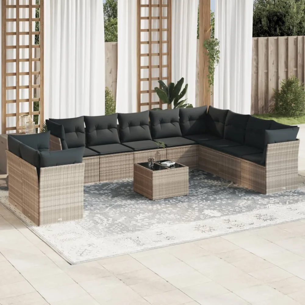 11-delige Loungeset met kussens poly rattan lichtgrijs vidaXL