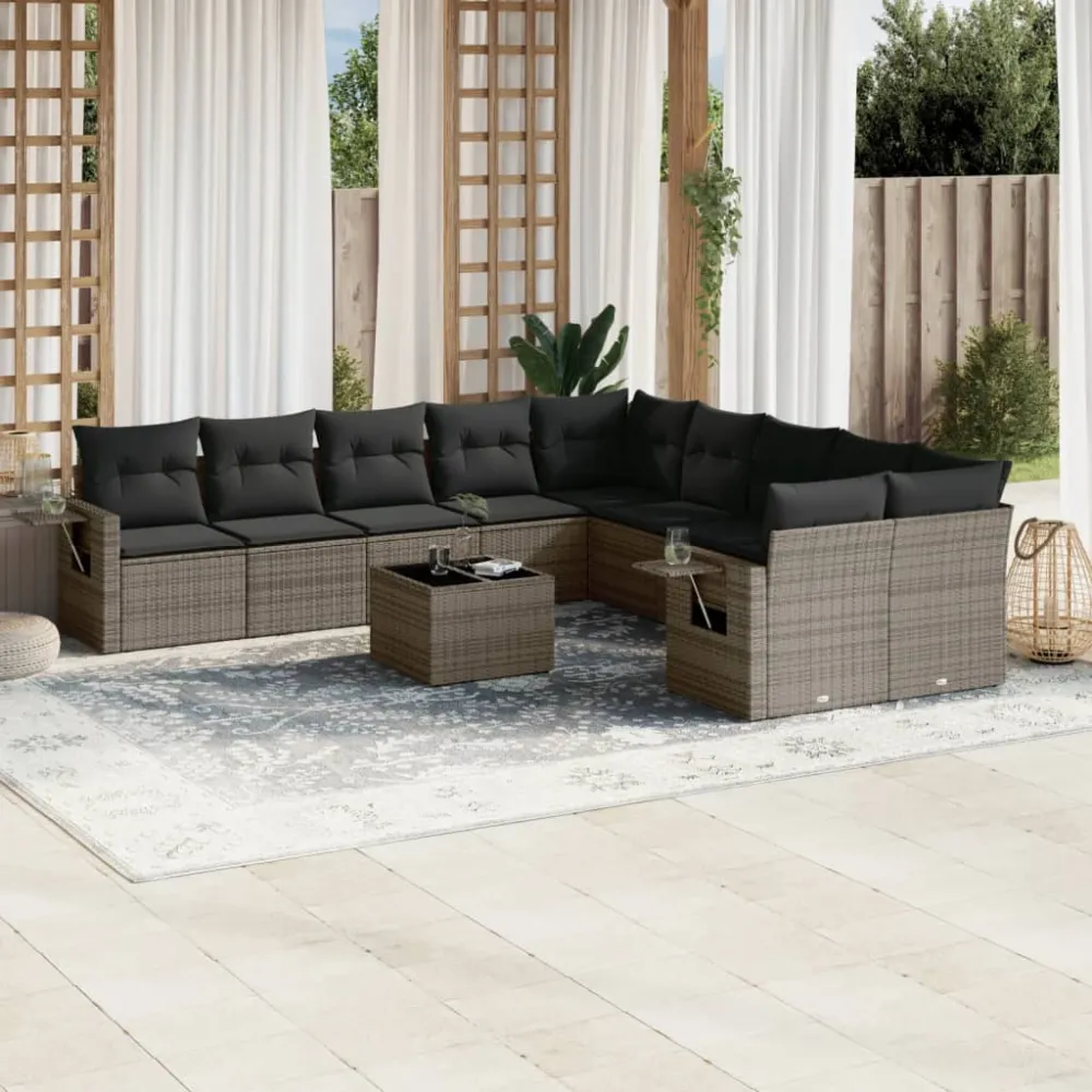 11-delige Loungeset met kussens poly rattan grijs vidaXL