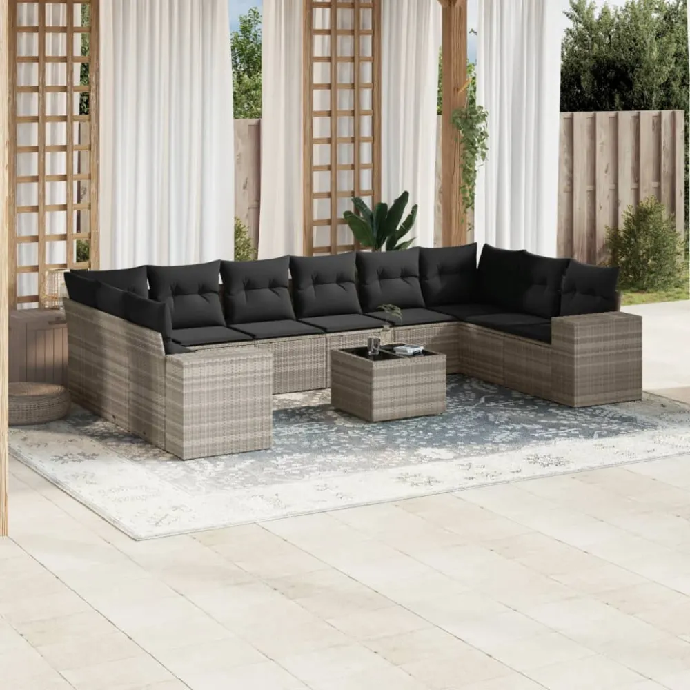 11-delige Loungeset met kussens poly rattan lichtgrijs vidaXL