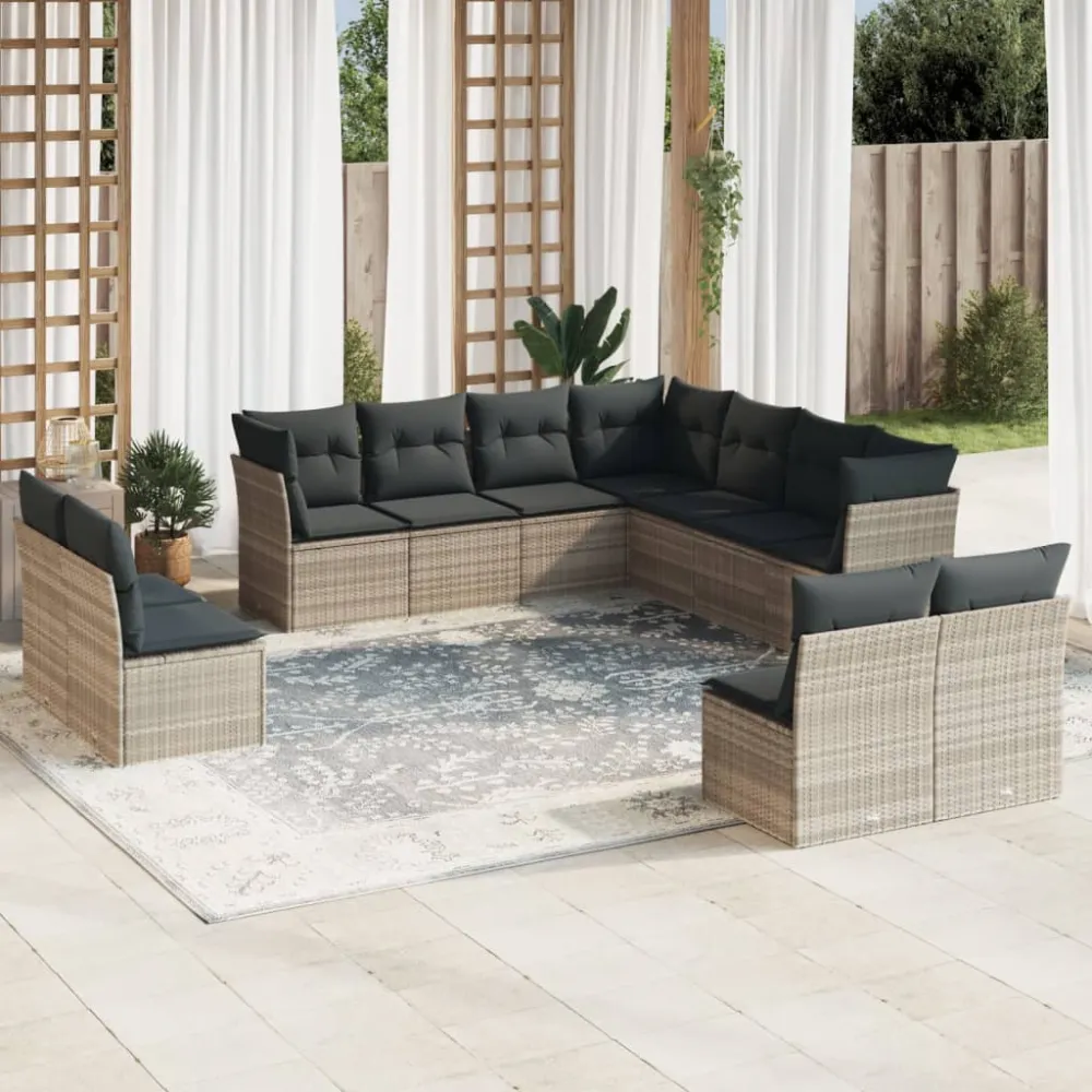 11-delige Loungeset met kussens poly rattan lichtgrijs vidaXL
