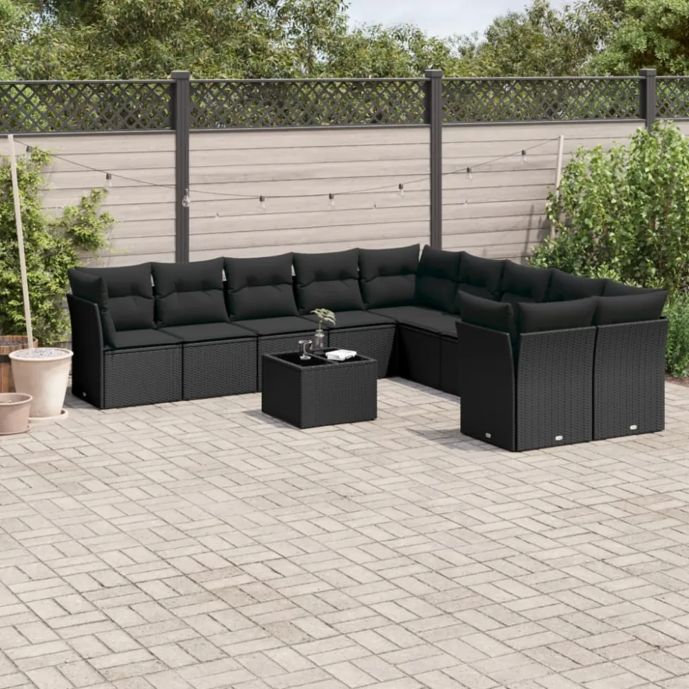11-delige Loungeset met kussens poly rattan zwart vidaXL