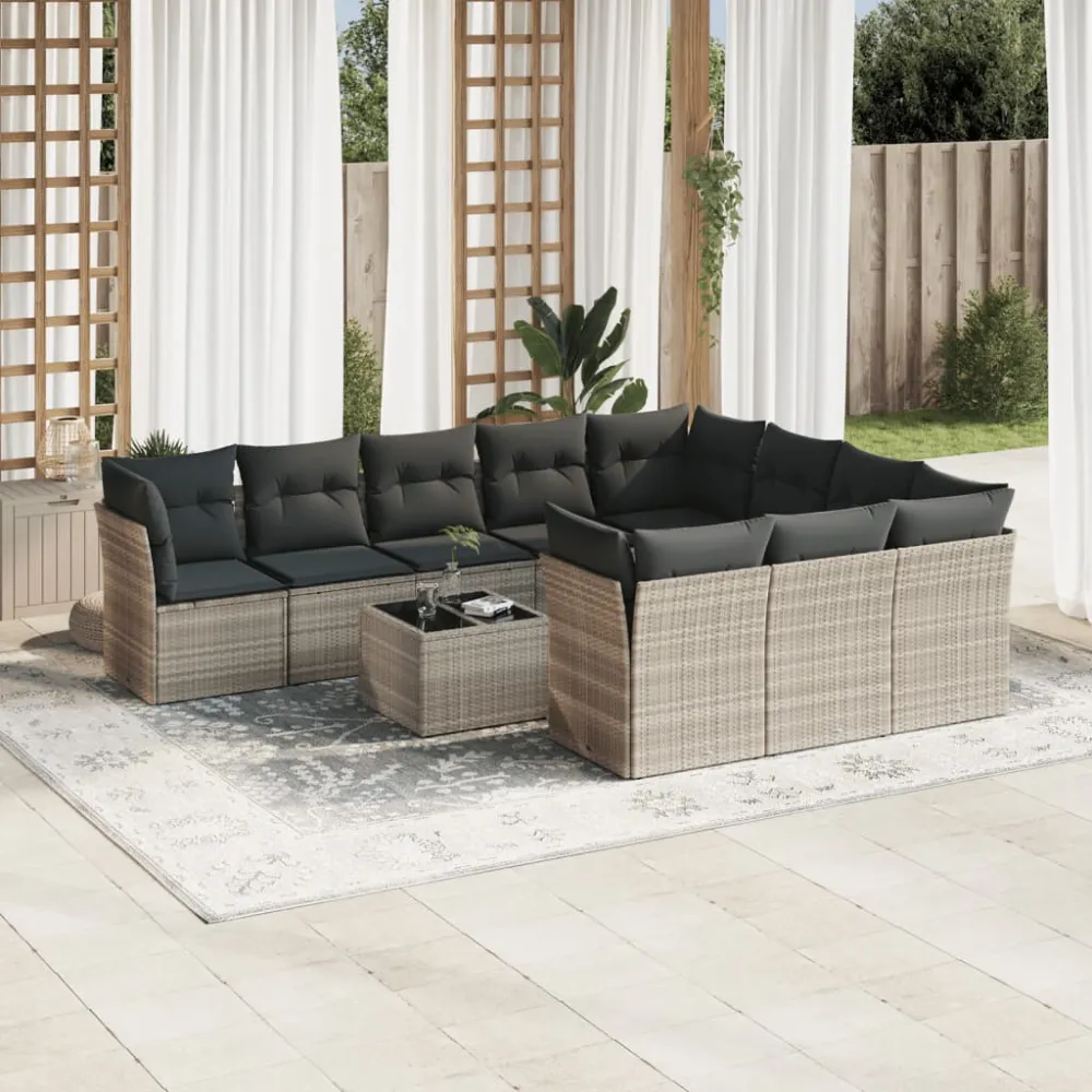 11-delige Loungeset met kussens poly rattan lichtgrijs vidaXL