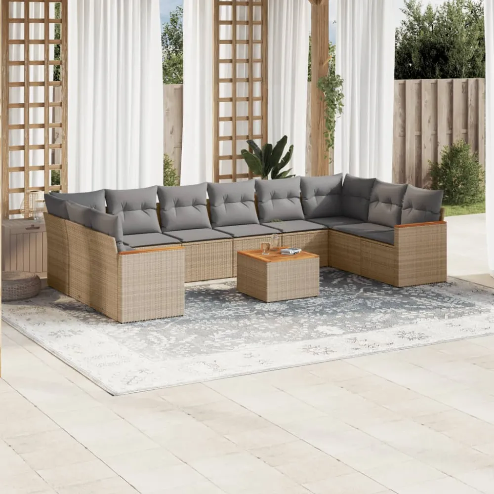 11-delige Loungeset met kussens poly rattan gemengd beige vidaXL